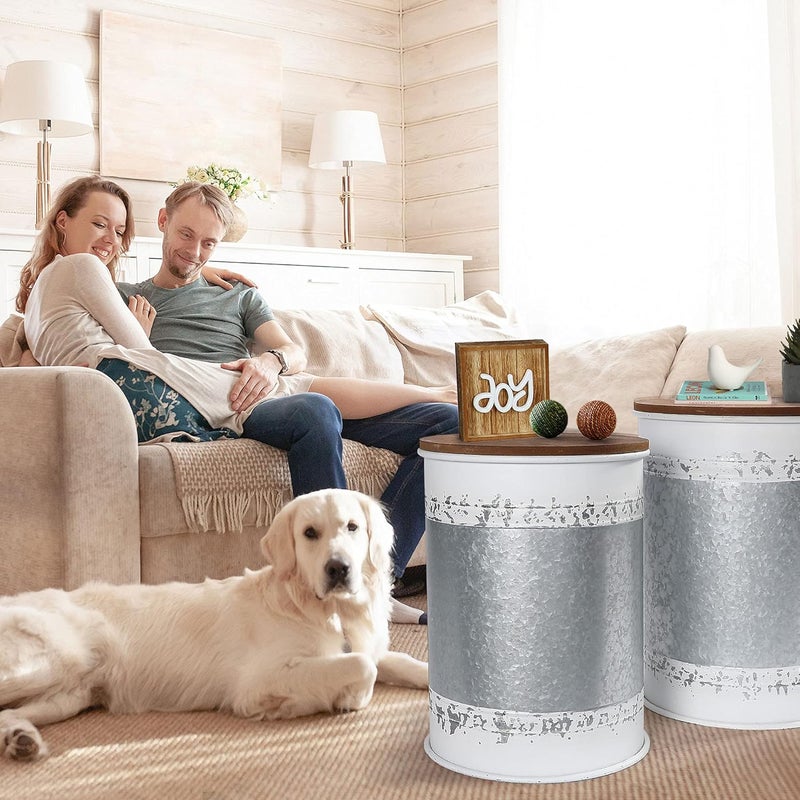 RUSTOWN Farmhouse Accent Side Table, Rustic Storage Ottoman Seat Stool, Galvanized Antique Metal End Table Box Bin with Round Wood Lid, Coffee or Cocktail Table, Nesting Pieces Two (White Distressed) - Image 2